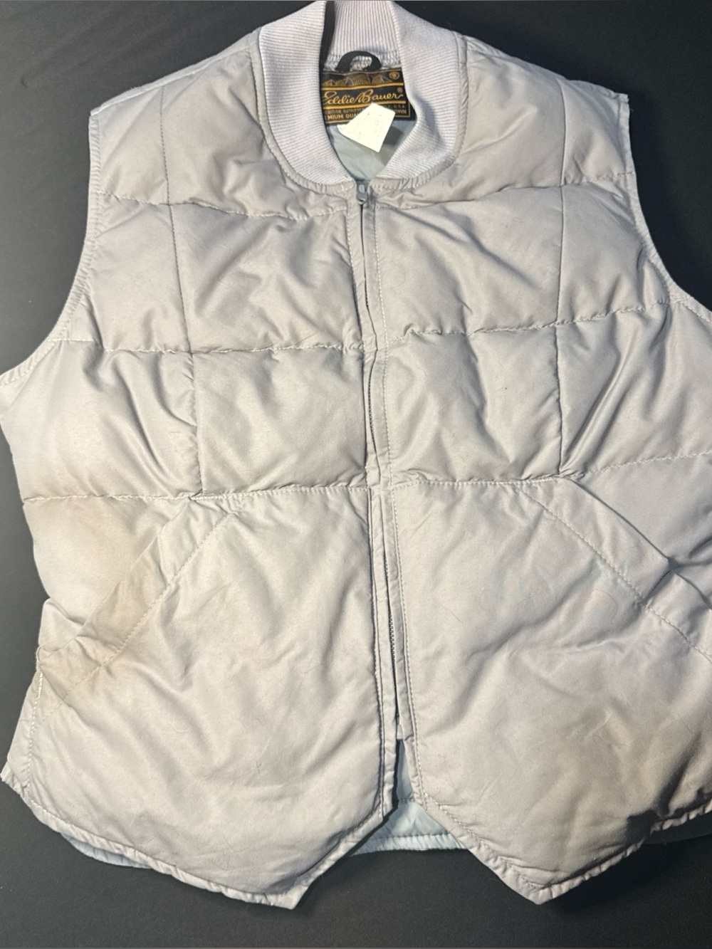 Eddie Bauer Goose Down Puffer Vest Gray Vintage Ribbed Collar